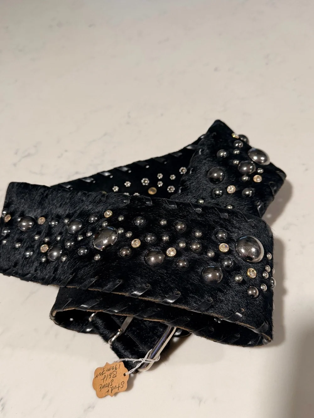 Black Studded Wide Waist Belt with Silver Buckle
